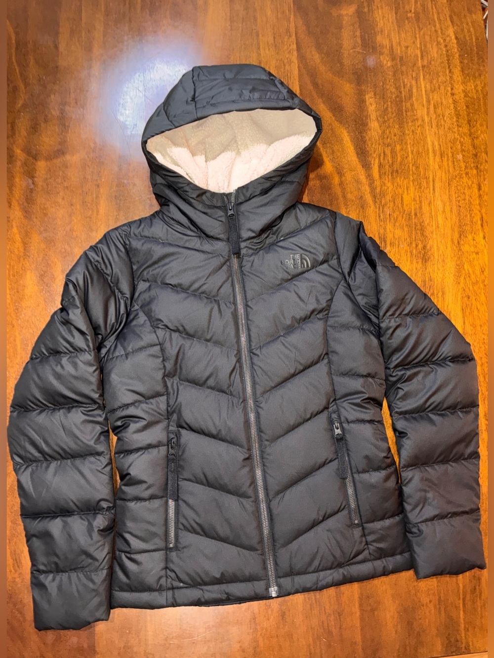North Face Women’s Alpz Luxe Sherpa Lined Hooded Down Jacket Coat, black-size XS
